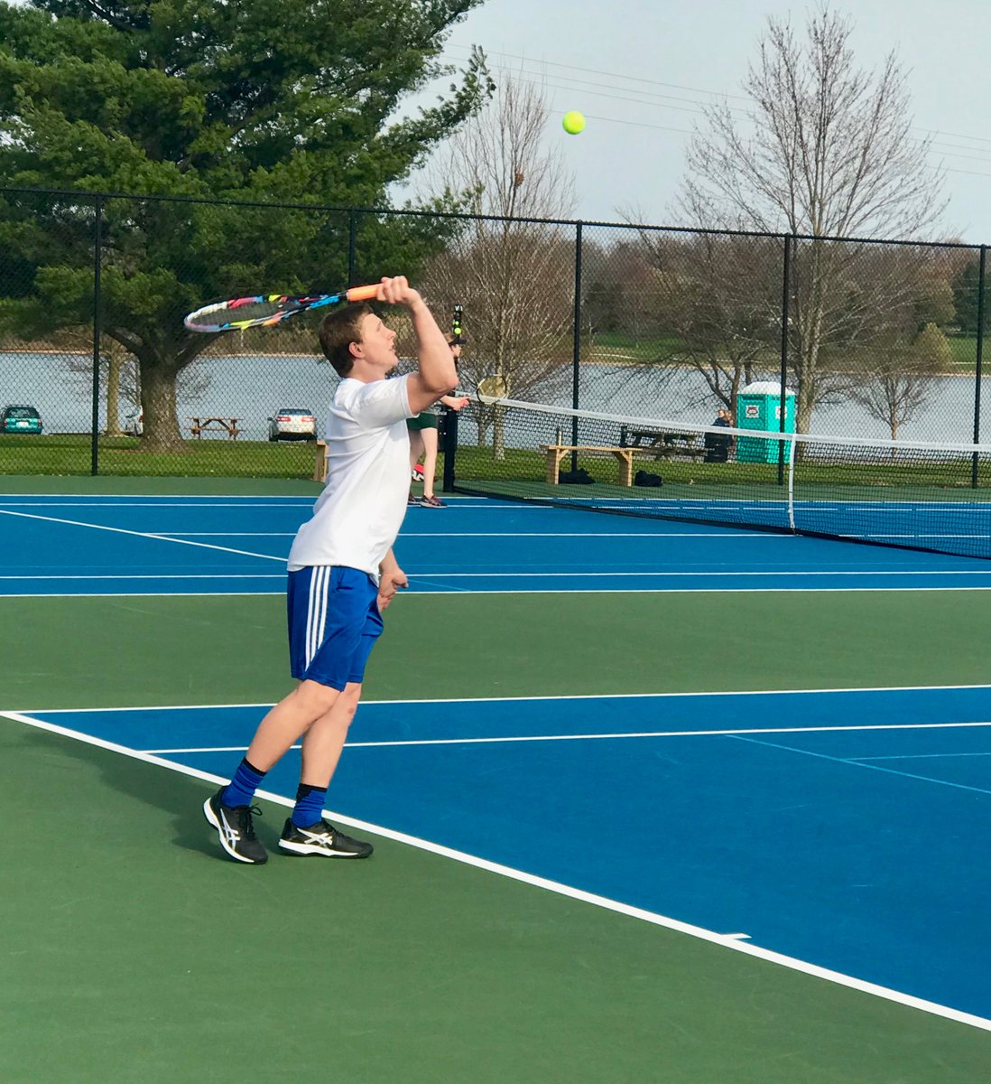 laruecohawks's tweet image. Kyle Woosley serving at Heartland Conference Tourney.