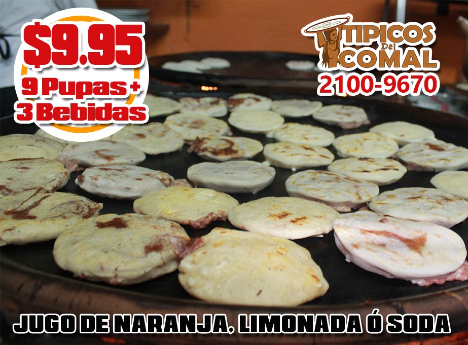 Tipicosdelcomal's tweet photo. Aprovecha #Miercoles #Jueves y #Viernes decimos #SiHayPupas 9 PUPUSAS + 3 BEBIDAS (JUGO DE NARANJA LIMONADA Ó SODA) $9.95. Desde las 5:30pm las mas ricas #PupusasDeComal y las #PioPupusas, Pa Llevar o comer aqui pedilas al 2100-9670 https://t.co/BPBEi64NeV