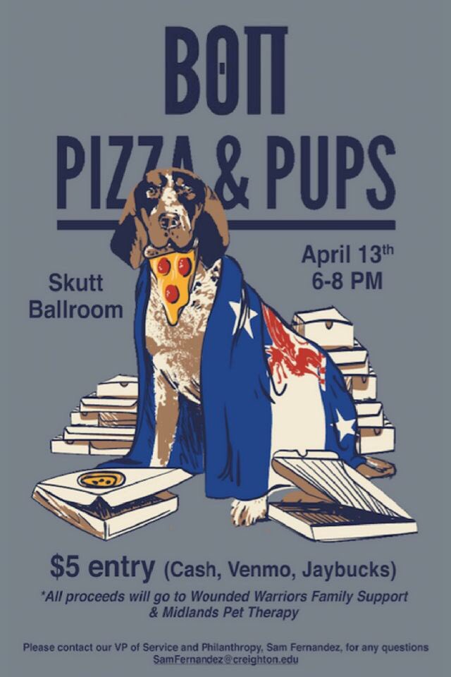 BetaCreighton's tweet photo. Come join us this Friday in supporting the Wounded Warriors and Midland Pet Therapy as we enjoy the two greatest things life has to offer: Pizza and Puppies! $5 for unlimited pizza and unlimited amounts of love from these good doggos! 🐶 https://t.co/VrFawmLwhz