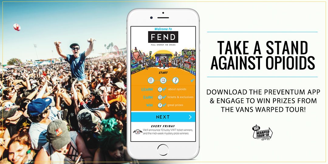 makeoutofficial's tweet photo. .@VansWarpedTour x @FENDmovement
take a stand with us against the opioid crisis! 
download the Preventum app and engage to win exclusive Warped Tour prizes
📱https://t.co/ELDRN9qT5W

#warpedtour #vanswarpedtour #fendmovement https://t.co/ynUbVYWkKV