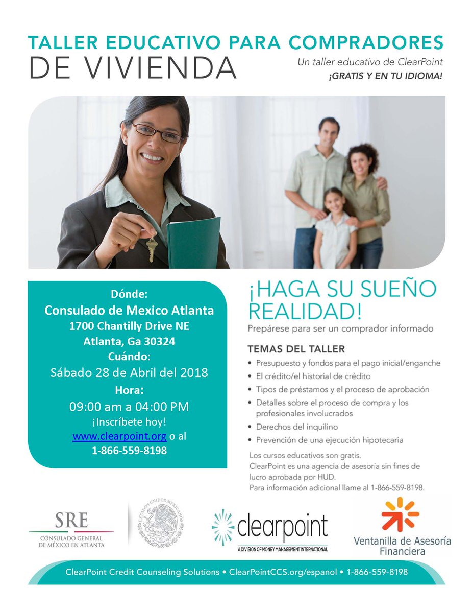 ConsulMexAtl's tweet photo. Asiste a #TuConsulado el 28 de abril al Taller educativo para compradores de vivienda “Prepárese para ser un comprador informado” @Clearpoint https://t.co/YIEVPrkRw2
