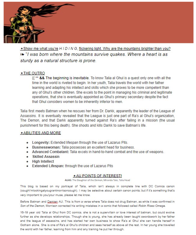 "As for my f a t h e r, 
            well, he and I are barely on speaking terms."

❧ 16-19 year old indie divergent canon Talia al Ghul
❧ #DCRP #dcroleplay #roleplay
❧ Literate roleplay in DM
❧ Will work with any verse, fandom, or ship if asked after building chem