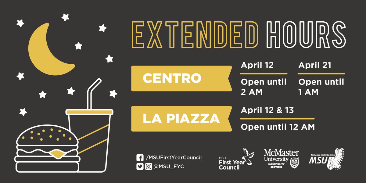 Don't forget! Centro will be open until 2AM tomorrow AND La Piazza 12AM to help you get energized for that late night studying. Thanks <a href="/MSU_FYC/">MSU FYC</a> &amp; <a href="/MacHospitality/">Mac Eats</a>!