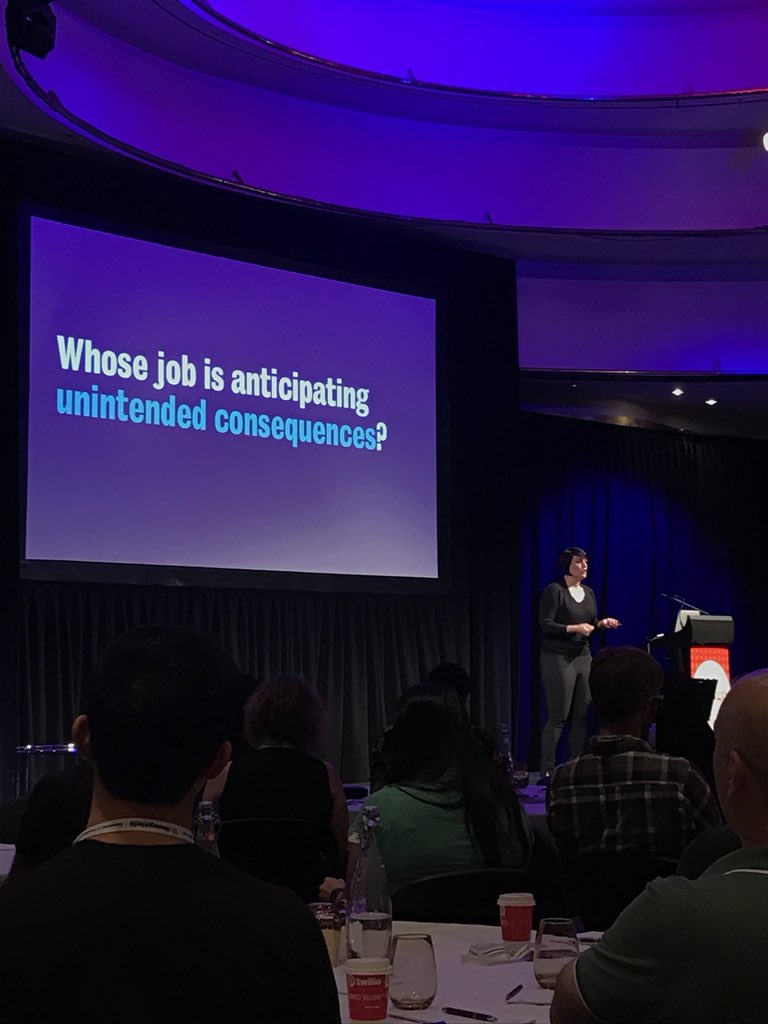 notjimmykimmel's tweet image. “At every single level and with every single manager, you should be thinking about unintended consequences.” - @sara_ann_marie 

#webdirections #design2018