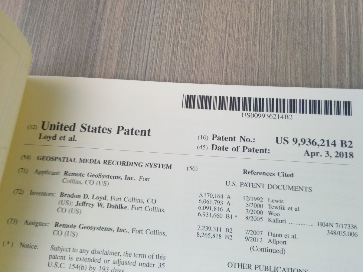 RemoteGeo's tweet photo. So to celebrate our 7th birthday the U.S. Patent Office gave us a little present - @RemoteGeo - U.S. Patent No. 9,936,214 - Geospatial Media Recording System! https://t.co/NkFsxvsW4h