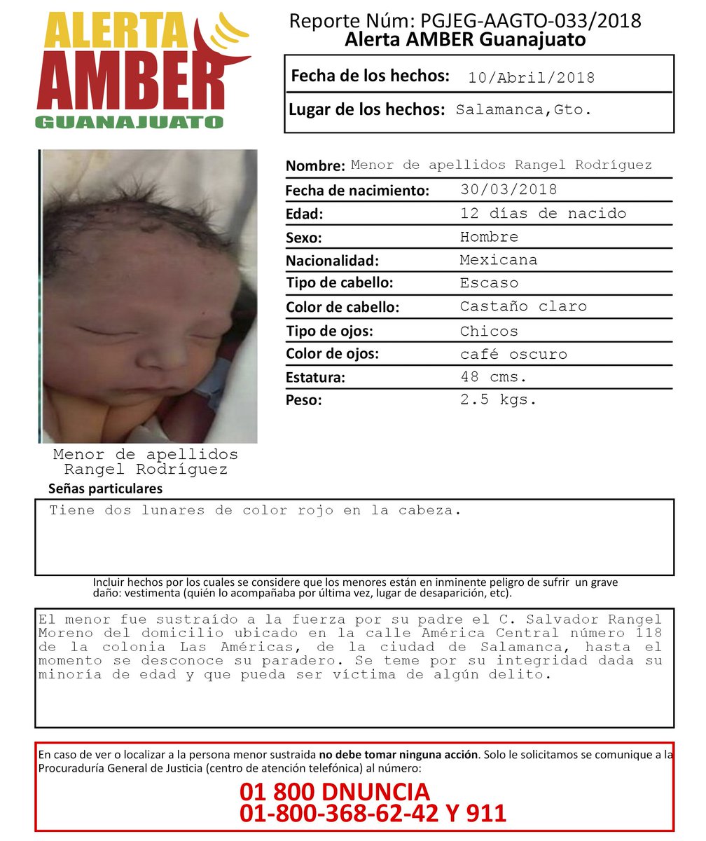 Activación Alerta AMBER Guanajuato, Menor de apellidos Rangel Rodríguez, 12 días de nacido. Salamanca, Gto. ¡Ayúdanos a localizarlo!