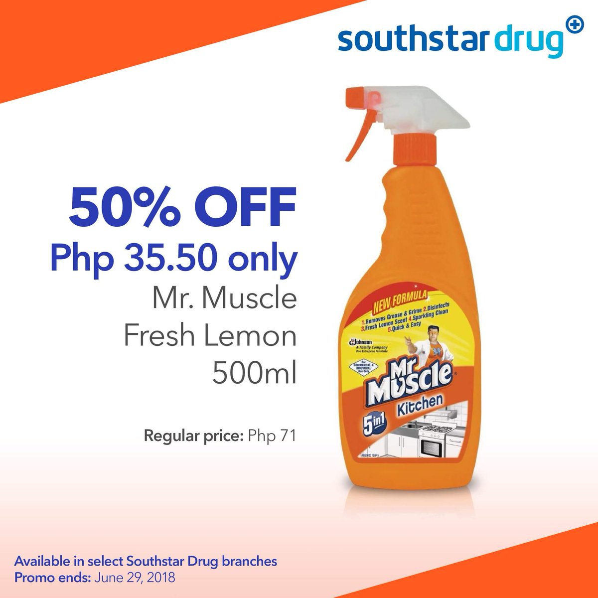 Mr. Muscle 5in1 Total Kitchen has better coverage for better cleaning. Deeply penetrates and dissolves grease and grime. Get 50% OFF when you buy yours at Southstar Drug.