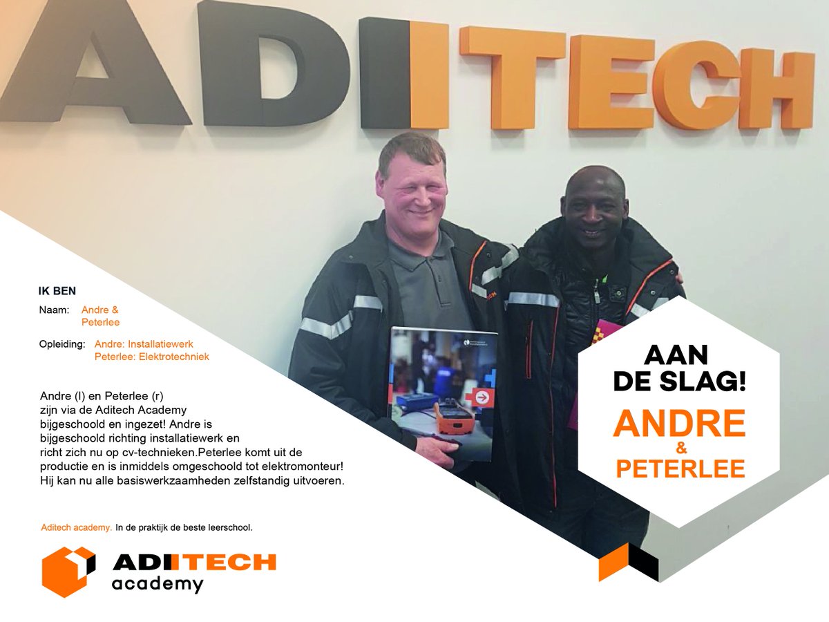 Aditech_NL's tweet photo. Andre en Peterlee zijn via de Aditech Academy bijgeschoold en ingezet!

#AanDeSlag #WerkVoorWinnaars #AditechBreda https://t.co/uW9EORXJAx