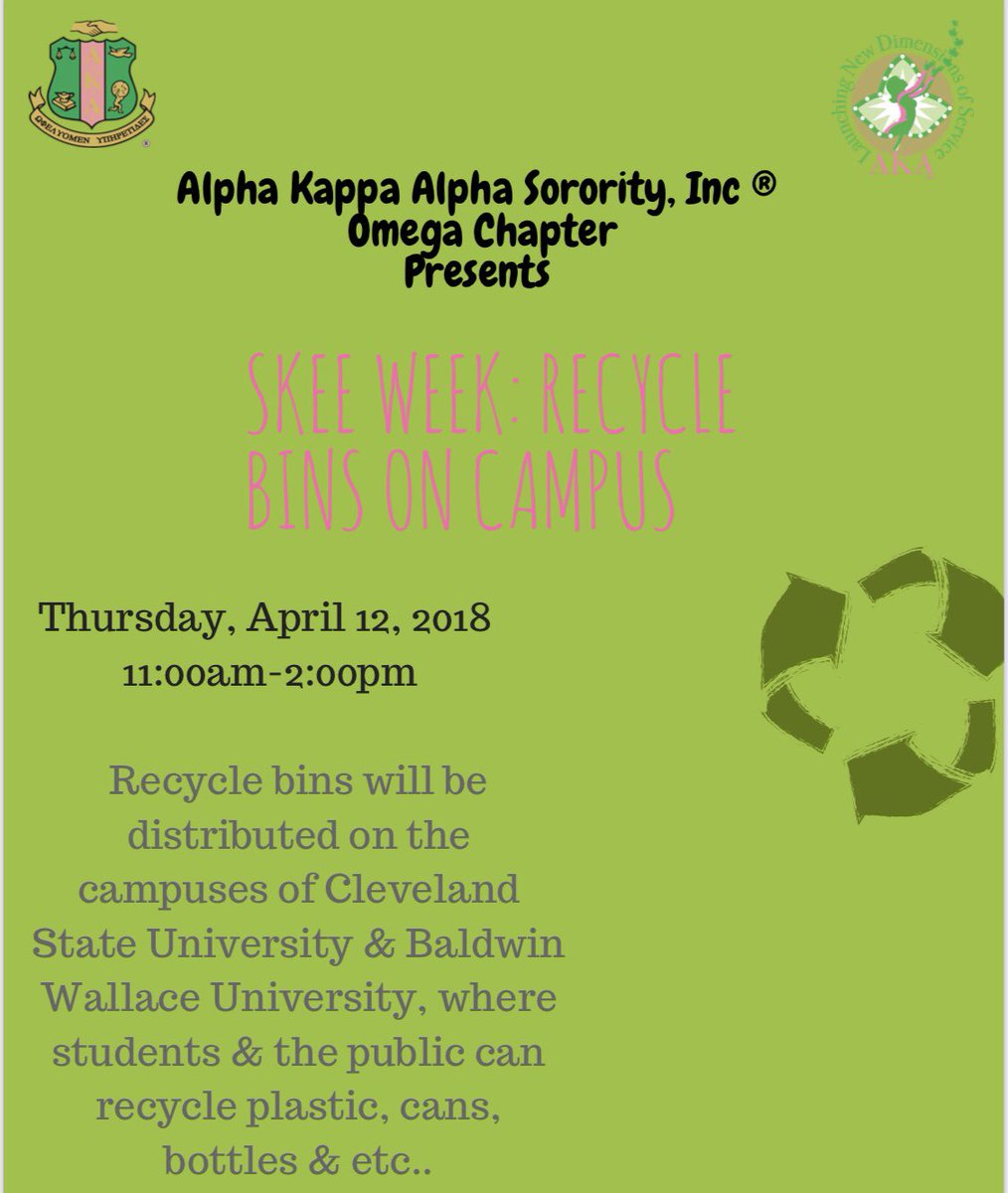Omega_AKA1908's tweet photo. Come out tomorrow 😊 anytime between 11am-2:00pm and recycle your trash with us on the campuses of Baldwin Wallace University &amp; Cleveland State University! https://t.co/KZg6vpup3t