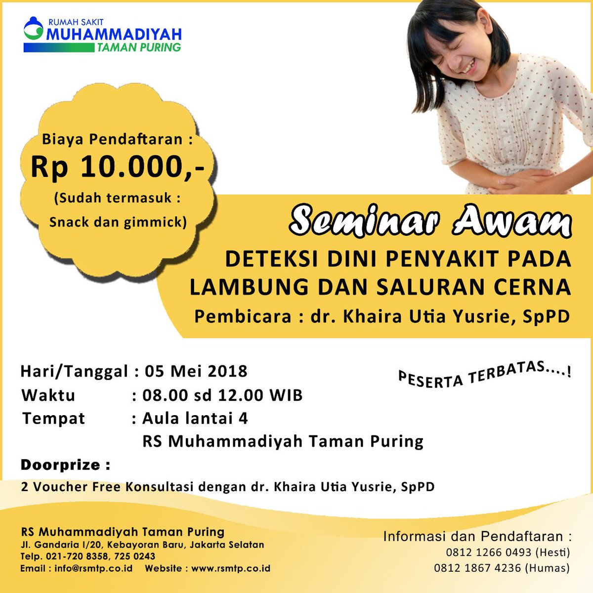 RSMTP's tweet photo. Ikuti seminar kesehatan "Deteksi dini penyakit pada lambung dan saluran cerna", Sabtu 05 Mei 2018 di Aula @RSMTP #seminarawam #penyakitlambung https://t.co/RSGBRe4H4i