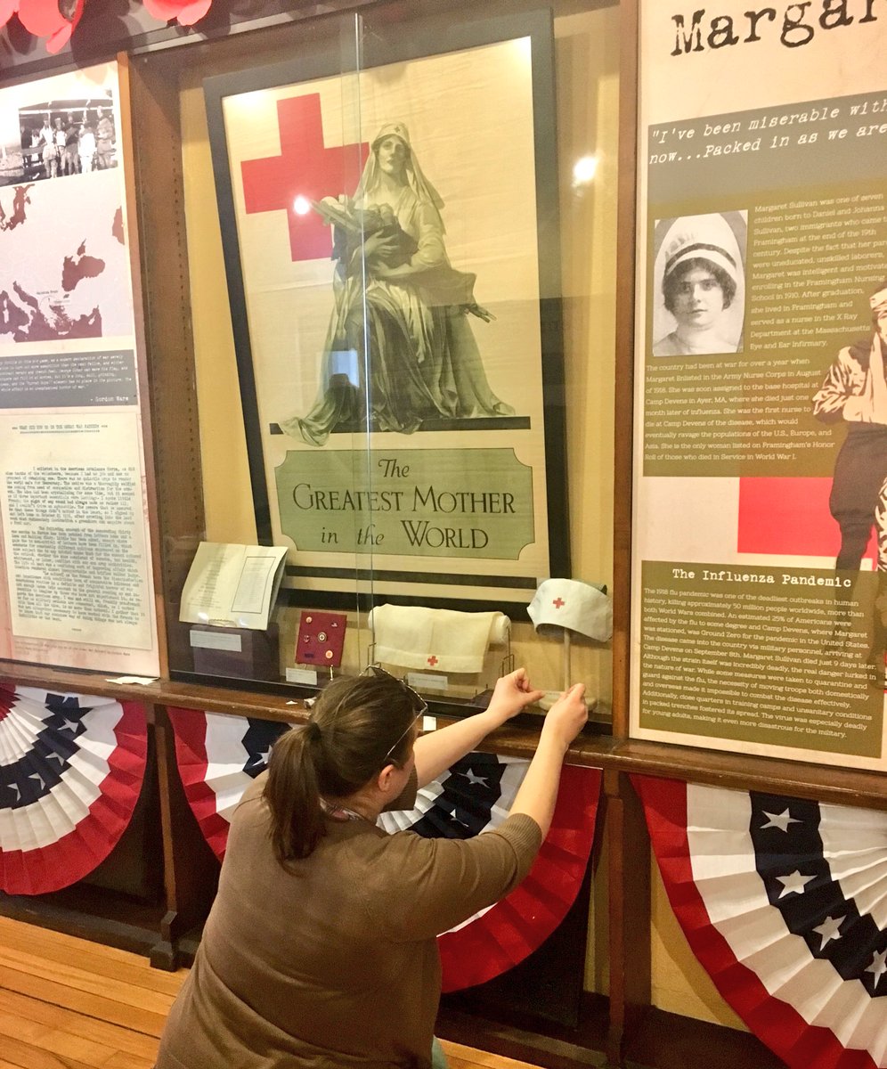 FraminghamHist's tweet photo. Curator Stacen put the finishing touches on “An American Town in WWI” today! Tomorrow is opening night and Friday is opening day! Come on by 3 Oak St, #Framingham to view our latest exhibit! #WWI #wwiexhibit #framinghamhistory #wwiposter https://t.co/v9htchM6Qc