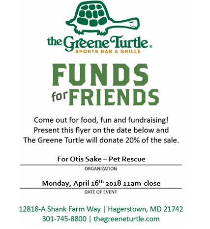 ForOtisSake's tweet photo. FOS Dining for Dogs at the Hagerstown Greene Turtle! Monday, April 16 from 11 am to close! Bring this flyer so that 20% of your order goes to us as a donation! https://t.co/UTvsMVCo5f