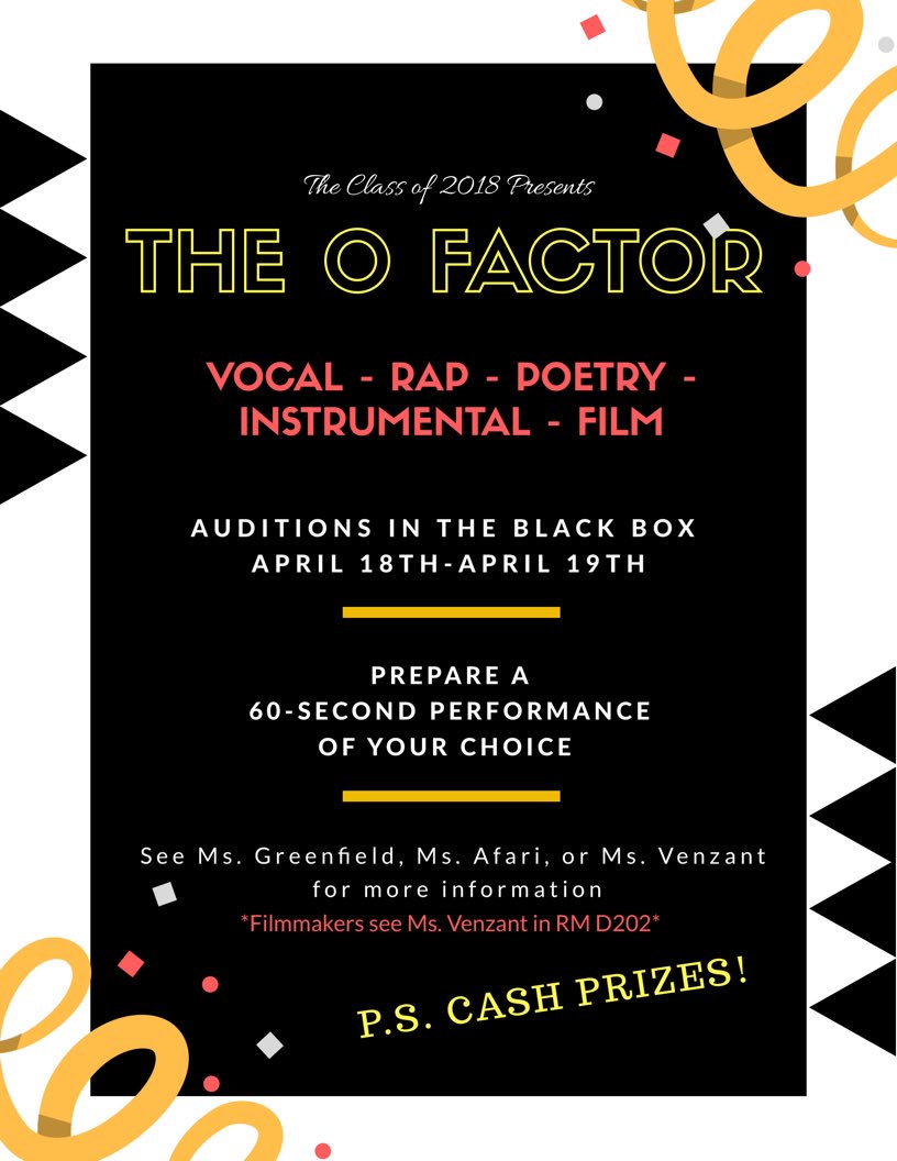OHHSClippers's tweet photo. The O Factor is BACK! Cash prizes for the best performances in vocal, rap, poetry, and film. Auditions are in the Black Box April 18-19th. Whoโs got talent? #theofactor #ofactor #clipperpride #clippertalent https://t.co/QgrO8WZmsw