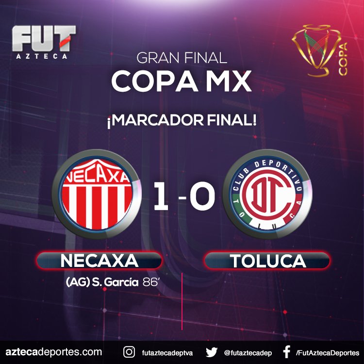 AztecaDeportes's tweet photo. #CopaMX 

@ClubNecaxa 1-0 @TolucaFC 

¡Se terminó! ¡EL NECAXA ES CAMPEÓN DE LA COPA MX! https://t.co/V1X1CxasZ6