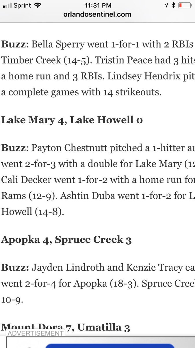 <a href="/LakeMarySball/">LMHS Softball</a> with the dub!  Chestnut with a 1 hitter and Decker with a 💣 #niiiiice #rams <a href="/lmramslive/">Varsity Rams Live</a>
