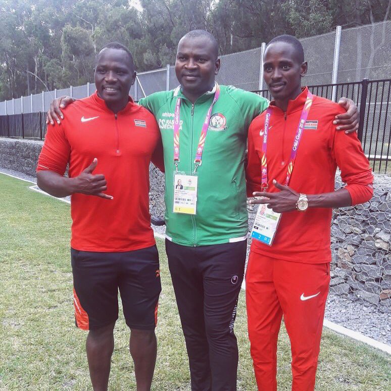 OlympicsKe's tweet image. Julius Yego the #youtubeman with the CS of Sports &amp;amp; Heritage Rashid Achesa and #TeamKenya 🇰🇪 Captain Elijah Manangoi at the village at #GC2018 #Commonwealthgames2018