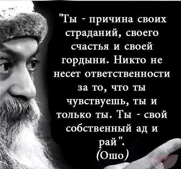 "Ты - причина своих страданий, своего счастья и своей гордыни. Никто не несёт ответственности за то, что ты чувствуешь, ты и только ты. Ты - свой собственный ад и рай"