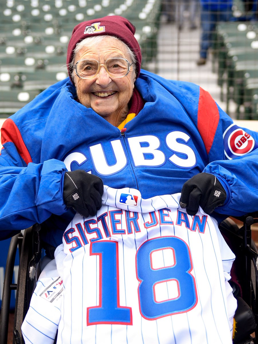 jlamedia8's tweet image. Sister Jean with her Chicago Cubs Jersey opening day