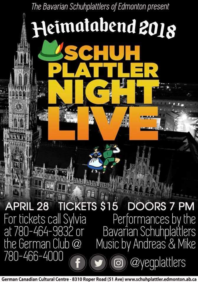 Heimatabend Apr.28: Schuhplattler Night Live! <a href="/ABGermans/">Alberta Germans</a> <a href="/YEGTweetup/">YEGTweetUp</a> <a href="/yeglive/">YEG Live</a> <a href="/everythingyeg/">Everything #Yeg</a> <a href="/yeg_BF/">Blauen Funken</a> <a href="/YEGBEERFEST/">YEG Craft Beer Fest</a> #yegplattlers