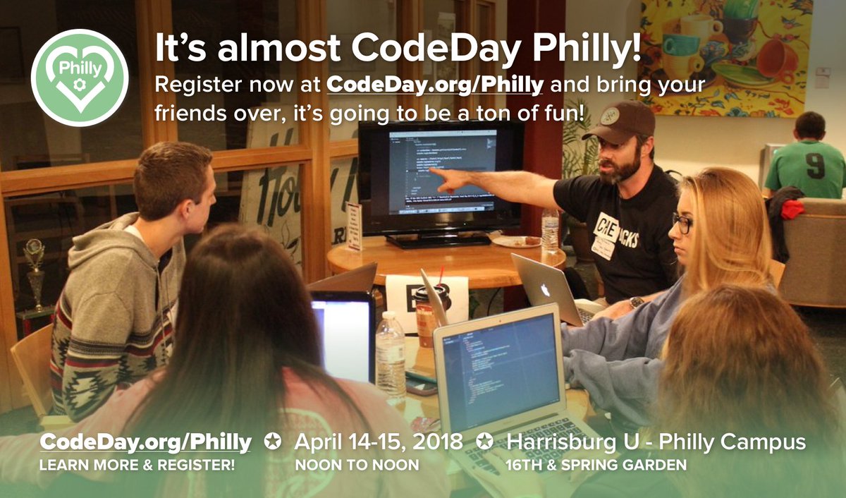 CodedayPhilly's tweet photo. #CodeDay #Philly is happening THIS WEEKEND! If you know students ages 12-25 interested in learning how to build cool apps or games, tell them about https://t.co/xN0ujGPffD ! https://t.co/4DAa8blo7A