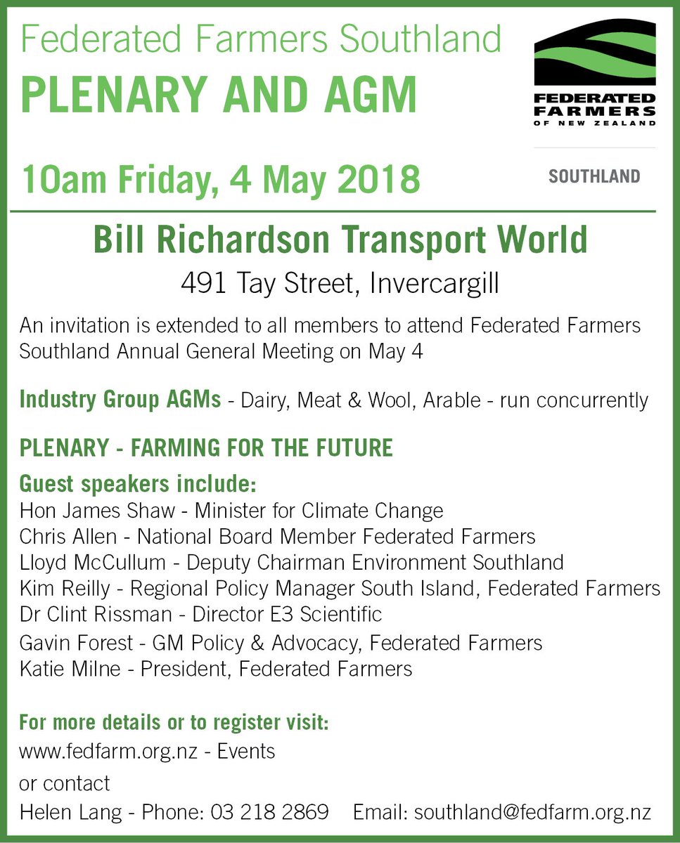 AllanSBaird's tweet photo. Get the work done early &amp; then have a day in Invercargill with us. Hear from capable speakers on a range of topics. A coalition minister, deputy chair regional council, scientist &amp; the last word from FF President @ktmilne6. https://t.co/FUA16qIn1V