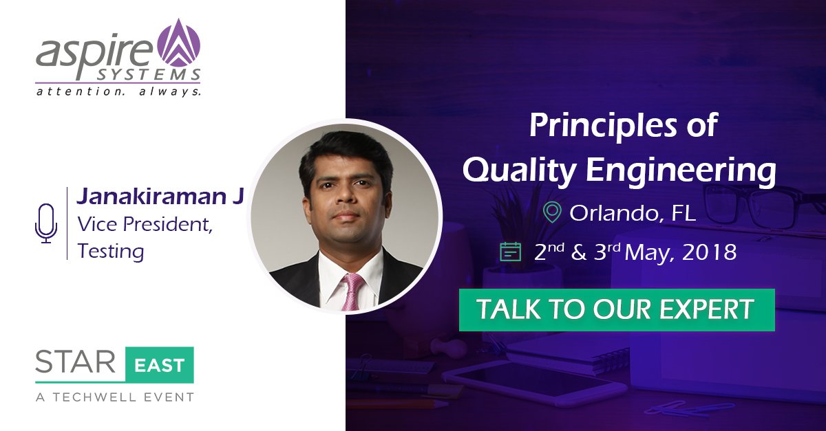AspireSystems's tweet image. Principles of Quality Engineering – Talk to our expert #STAREAST #Hypertesting #Booth318 ter.li/s6brb3