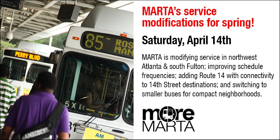 MARTAservice's tweet image. MARTA's Spring service modifications take effect this Saturday, April 14!
You will find maps and schedules for all the modifications on our website. Here's the link: itsmarta.com/april14th-serv…