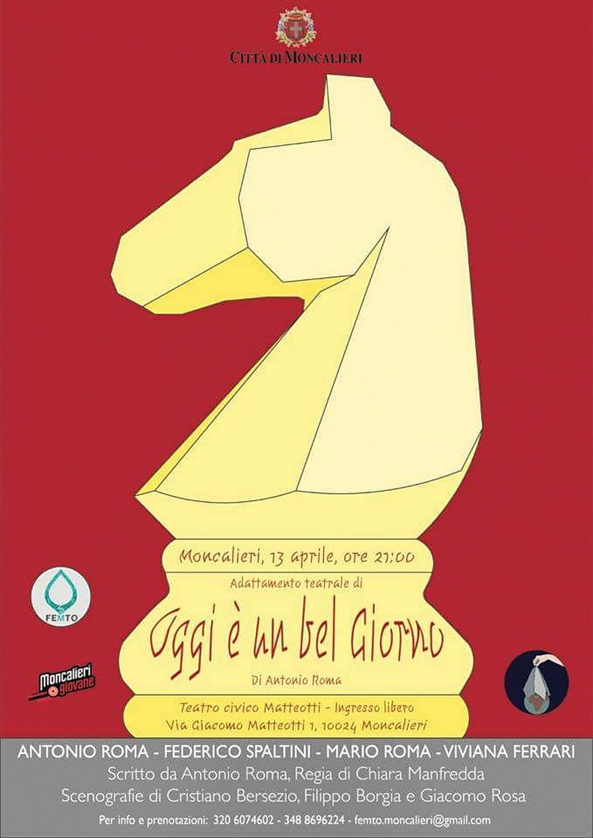EdABellezza's tweet photo. Domani, venerdì 13 Aprile, si terrà al Teatro Civico Matteotti di #Moncalieri la prima di "Oggi è un bel giorno", adattamento teatrale del #libro di @AntonioRoma_92
#larivoluzioneculturale #arte #teatro #cultura #educareallabellezza #Mediterraneo #bellezza #giovani https://t.co/ZLwEX4T34i