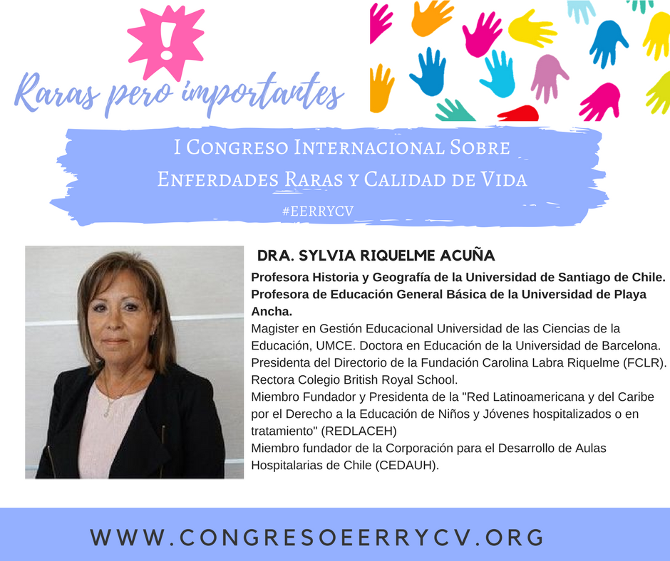 INeDITHOS's tweet photo. 3 de maig a les 10:30 a l'Aula Magna la Dra. Sylvia Riquelme es farà càrrec de la conferència inaugural del I Congrés Internacional Sobre Malalties Rares i Qualitat de Vida amb el títol "La pedagogia hospitalària a Amèrica Llatina. Avenços i desafiaments d'una dècada." #EERRYCV https://t.co/pmvC2mqT41