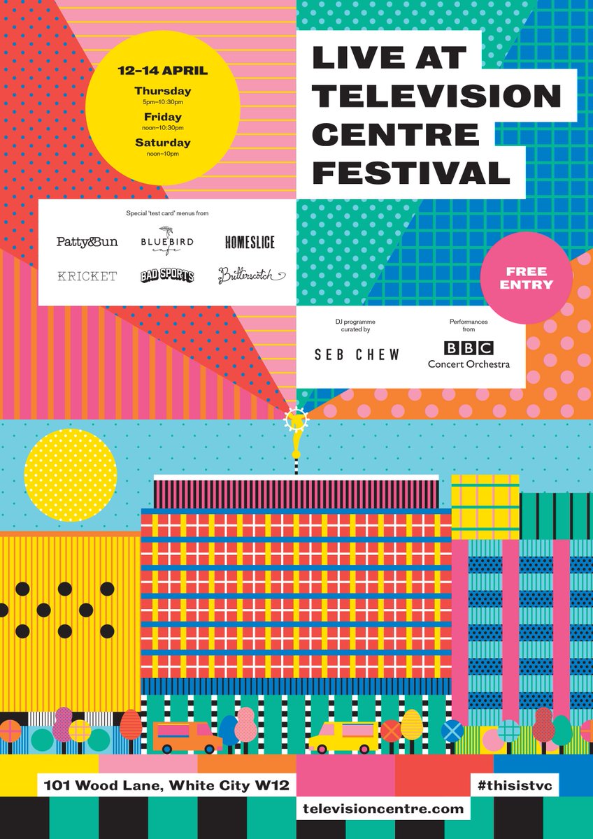 .<a href="/thisistvc/">Television Centre</a>'s free 3-day festival #LiveatTVC at the newly opened Television Centre starts at 5pm today with live music, special performances and ‘test card’ menus from the restaurants Bluebird Café, Homeslice, Kricket and Patty &amp; Bun televisioncentre.com/festival #placemaking