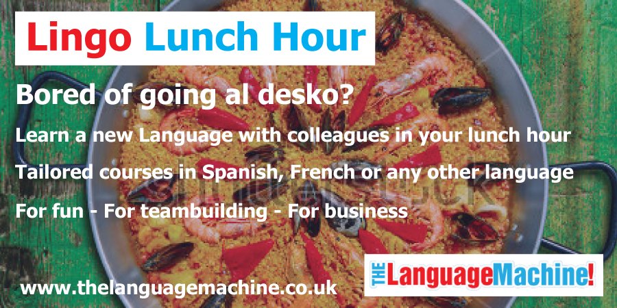 TheLanguageMach's tweet image. Bored of going al desko? Learn a language with your colleagues in your lunch hour. 5% off all courses booked in April thelanguagemachine.co.uk/lingo-lunch/