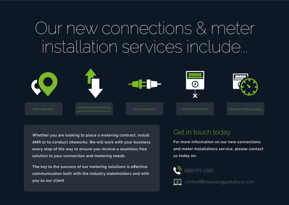 LoveEnergySol's tweet photo. Looking for a fully managed new connection and meter installation provider including location and business utility management?
Look no further, our team of experts have you covered: https://t.co/HdlkjPAkad
#NewConnections #MeterInstallation #MeterRelocation #MeterSupplies https://t.co/UV315Uzbdm
