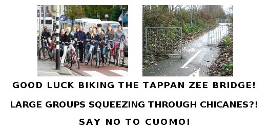 BikeTarrytown's tweet photo. 🚨 RETWEET if you don't want to crash when #biking on #TappanZeeBridge 🚨

5,000 people #bike #Route9W each Sunday. New bridge path will see large groups.  Thruway wants chicanes. 🤦🏽

📣#BikeNYC #BikeRC #BikeWC #Rockland #Westchester, YOU CAN STOP THIS: https://t.co/kFnZyJaocQ https://t.co/xKvmiZ1AJk