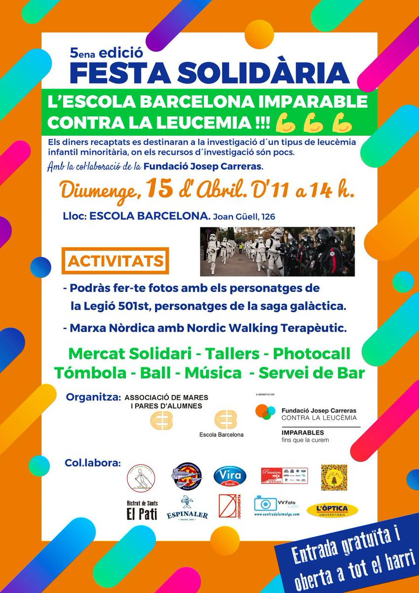escolabarcelon1's tweet photo. Aquest diumenge al matí: 5a Festa Solidària contra la Leucèmia. T'hi esperem! @fcarreras #leucemia #solidaritat #imparables! https://t.co/IdaKkSxabe