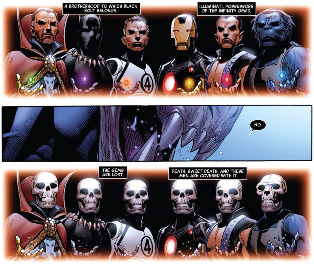 Befitting Hickman's past as a designer, his Avengers run is immaculately constructed. It is full of careful set-up and deliver pay-off.For example, the time gem disappearing rather than being destroyed.Hickman's Avengers is a long-form epic.(Infinity #1.)
