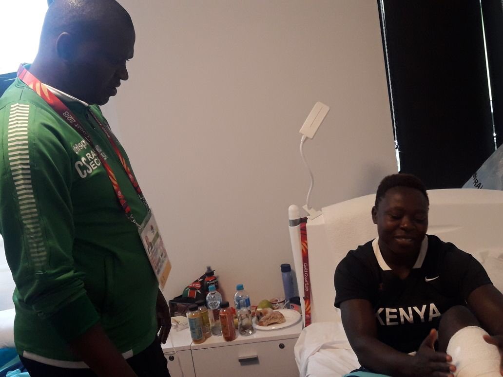 OlympicsKe's tweet image. CS Sports &amp;amp; Heritage Rashid Achesa visits Janet Owino who got injured during the #HK7s we wish her a quick recovery #GC2018 #CommonwealthGames2018 #GC2018Rugby