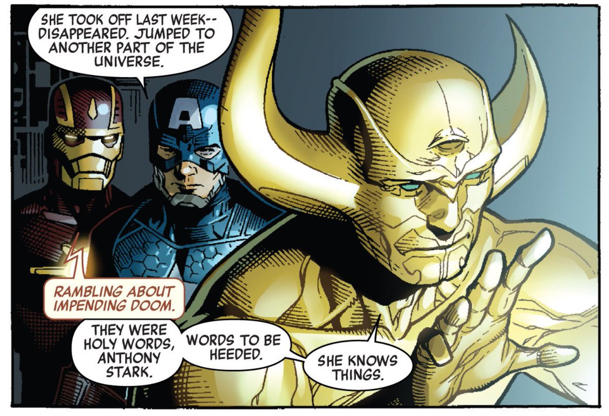 Re-reading Jonathan Hickman's superlative Avengers run in the lead-in to Infinity War and... foreshadowing!("Impending Doom", "holy words.")(Infinity #1.)