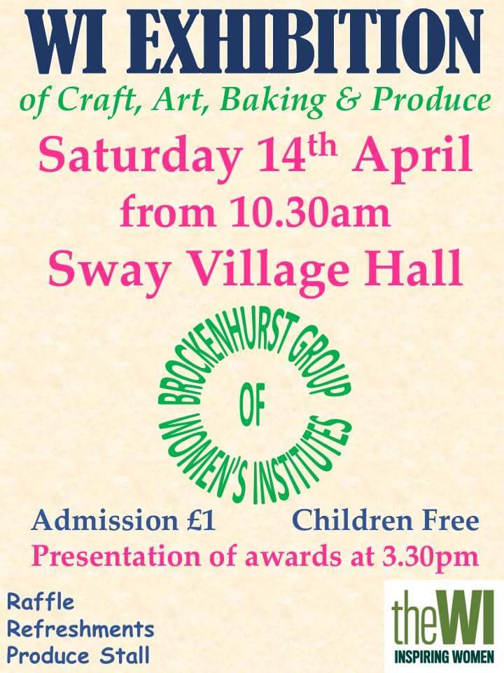 Sway_New_Forest's tweet photo. WI Exhibition this Saturday (14th) from 10:30am. Come along and take a look. 
Reminder Hordle Fayre in the afternoon too.
Local RTs please. 
@LymoTweetUp @lymboatjumble @Sway_PC @SwayCC @SwayLTC @SwayFC @setarling @Lorraines_Veg @newforestranger @NewForestSussed @HordleParish https://t.co/LOGKwRrC21