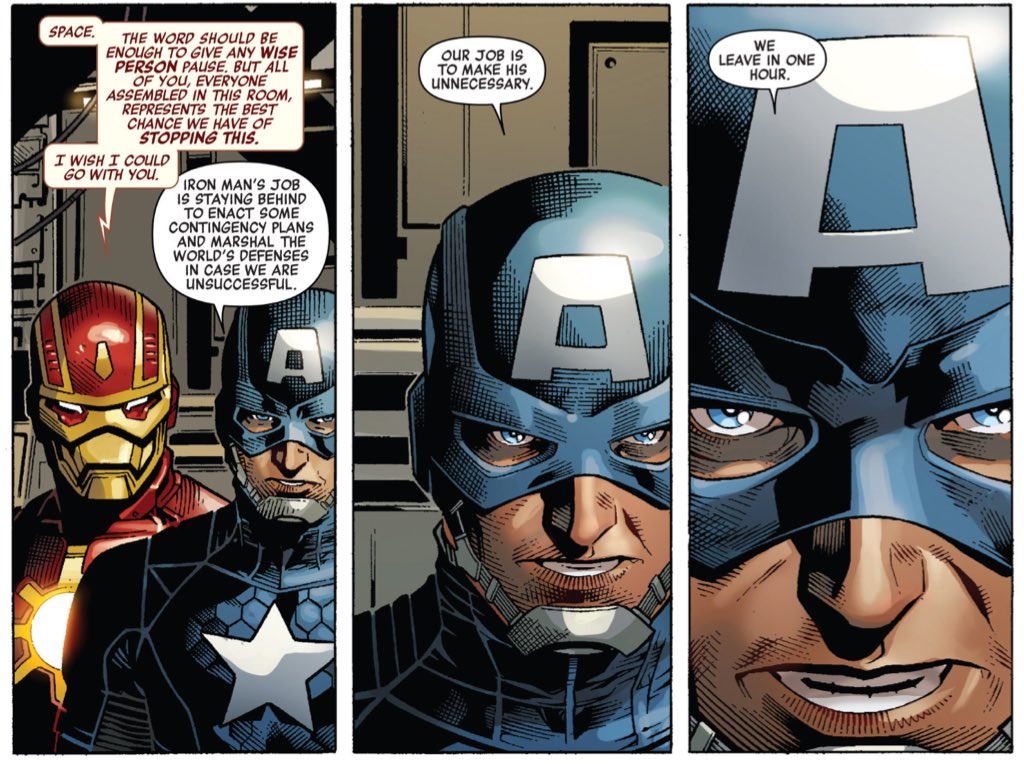 A clever structural aspects of Hickman's run is how Captain America is frequently reacting in "Avengers" to symptoms of the crisis with which Iron Man is interacting in "New Avengers."It's a nice interplay, only becoming clear when the books are read in unison.(Infinity #1.)