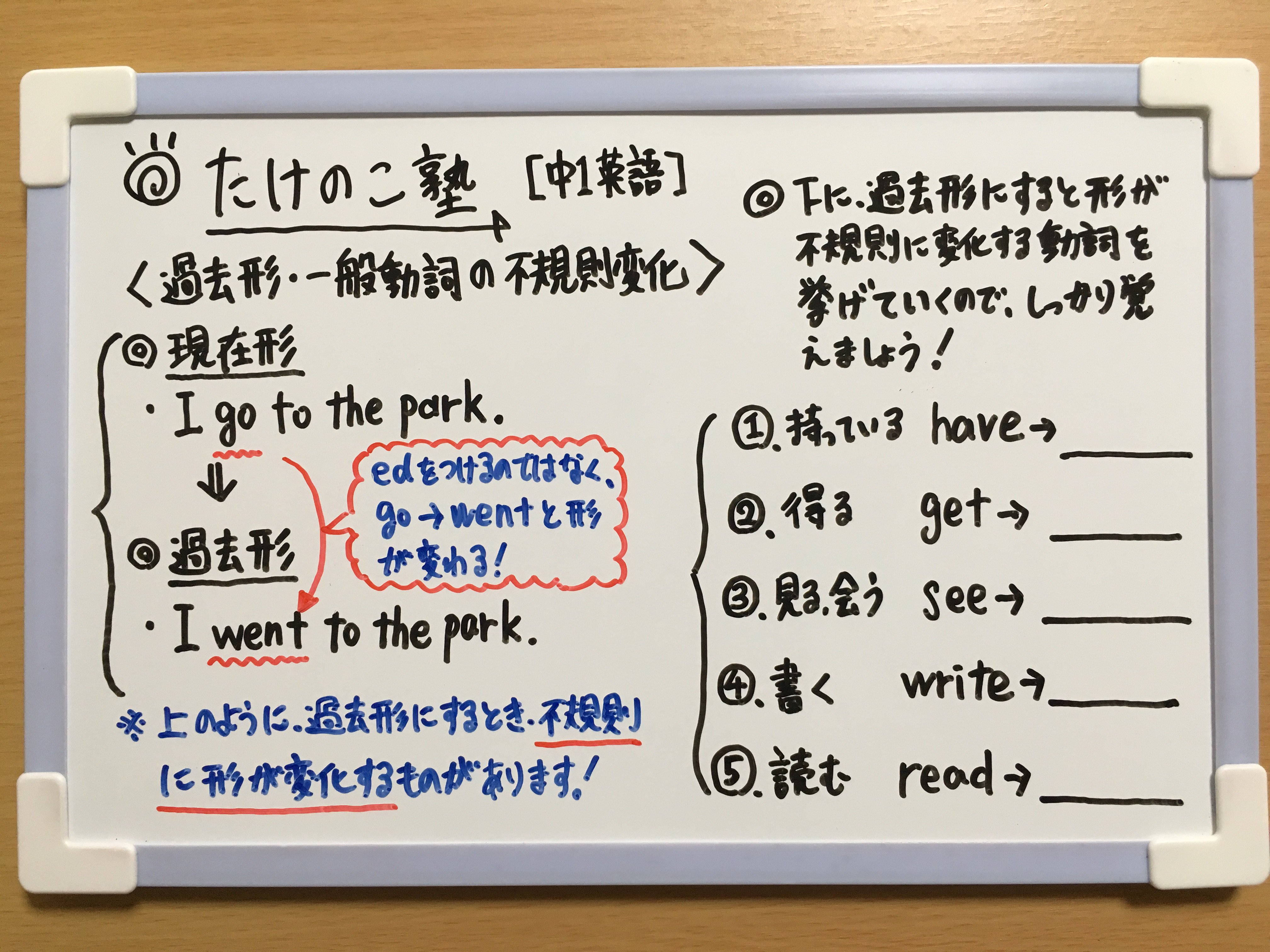 たけのこ塾 中1英語 今回は 過去形 一般動詞の不規則変化 についての問題です 一般動詞を過去形 にするとき Go Wentのように形が不規則に変化するものがあります 他に Have Had Get Got See Saw があります 詳しくは画像の解説を