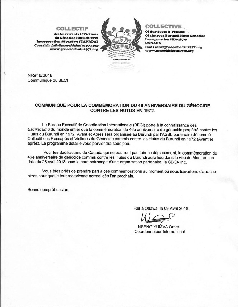 #Burundi :Le collectif des survivants et rescapes du Genocide contre les hutus du burundi 1972 AA dément la lettre stipulant le parténariat. <a href="/Ndarfxa2Xavier/">François-Xavier NDARUZANIYE</a> <a href="/FrancoiseNtimp1/">Francoise Ntimpirang</a> <a href="/nsabimanafx/">NSABIMANA F. Xavier</a>