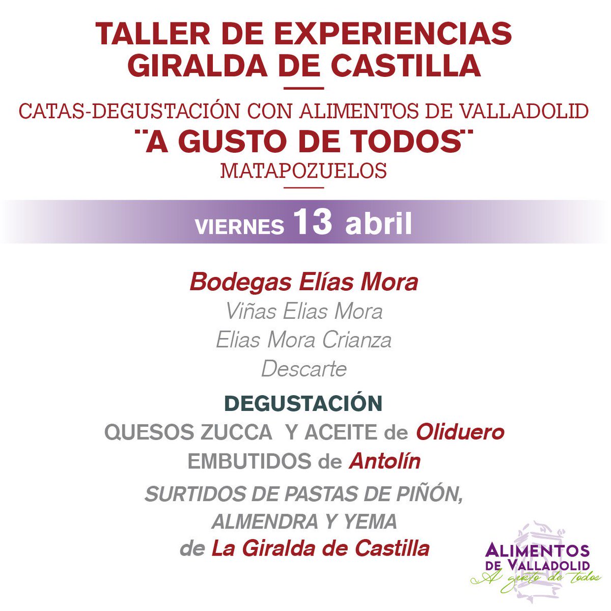 alimentosVALL's tweet image. #LaGiraldaDeCastilla continúa con su #TallerDeExperiencias con @alimentosVALL  mañana viernes 13 de abril, cata-degustación con: @BodegaEliasMora  @QueseriaZucca  #Oliduero @Matarromera #EmbutidosAntolín @aytmatapozuelos  @turvalladolid  
Reservas 687476717 #agustodetodos @Dip_Va