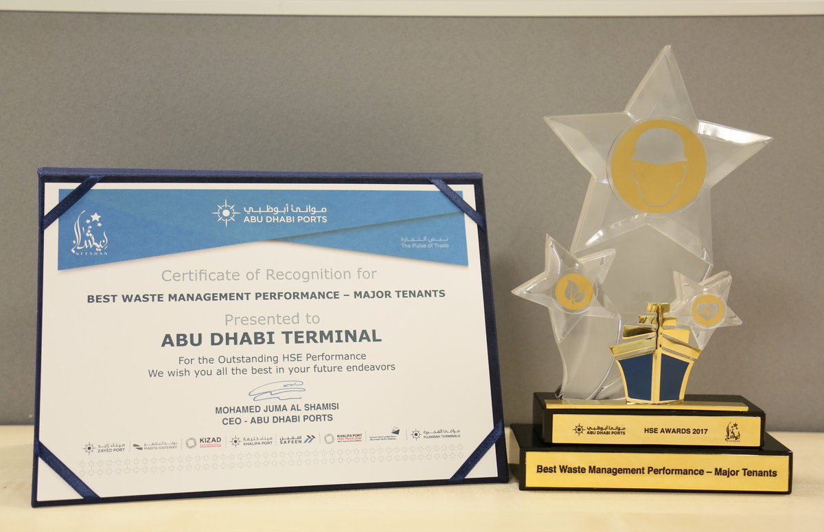 adterminals's tweet photo. ADT is proud to have been bestowed the "Best Waste Management Performance" and "Best HSE Performance" awards during the NEESHAN Awarding Ceremony hosted by @AbuDhabiPorts . As always, it is our priority to promote a safe and healthy environment.

#ADT #HSEAward #Achievement #UAE https://t.co/88chskyG0e