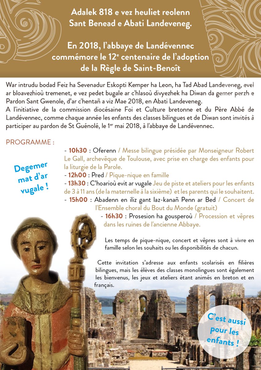 Actualité #Feiz &amp; #Sevenadur : le @diocese29 invite les élèves des classes et écoles bilingues à participer au pardon de Saint-Guenolé qui est organisé à l'Abbaye de #Landevennec le 1er mai. Au programme : Messe, Pique-nique en famille, Jeux et ateliers, concert, procession, ...