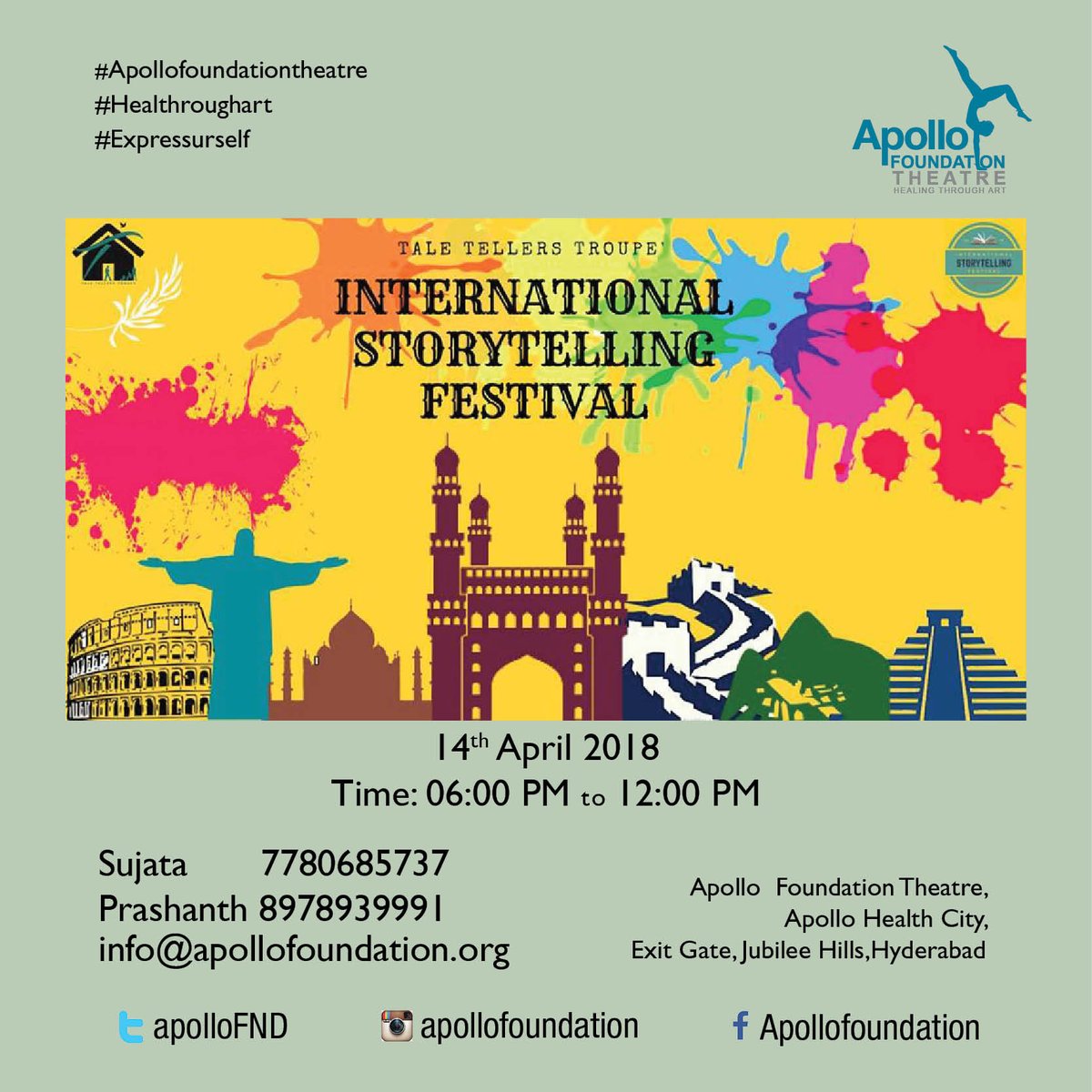 ApolloFND's tweet photo. Jashn E Hyderabad, celebrating the 453rd Birth anniversary of the Mohd. Quli Qutub Shahs #Today at #ApolloFoundationTheatre & Sounth India's #1st Independent #International #Story #Telling #Festival on 14th April.
#expressurself #healthrouart #HyderabadTrails #TaleTellersTroupe https://t.co/WEISEPkaOJ