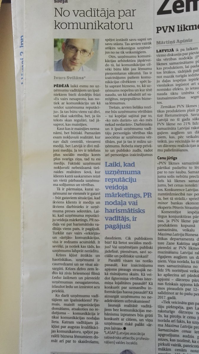 ivarssvilans's tweet photo. Pārmaiņas komunikācijā ir būtiskākas nekā šķiet. Kā uzņēmumam izdzīvot pasaulē, kur visi ir mediji?
Uzrakstīju komentāru @DienaLv par to, ka ikvienam vadītājam būs jākļūst arī par augstas kvalitātes komunikatoru. #PR #komunikacija #LASAP https://t.co/tuxkT24FIC