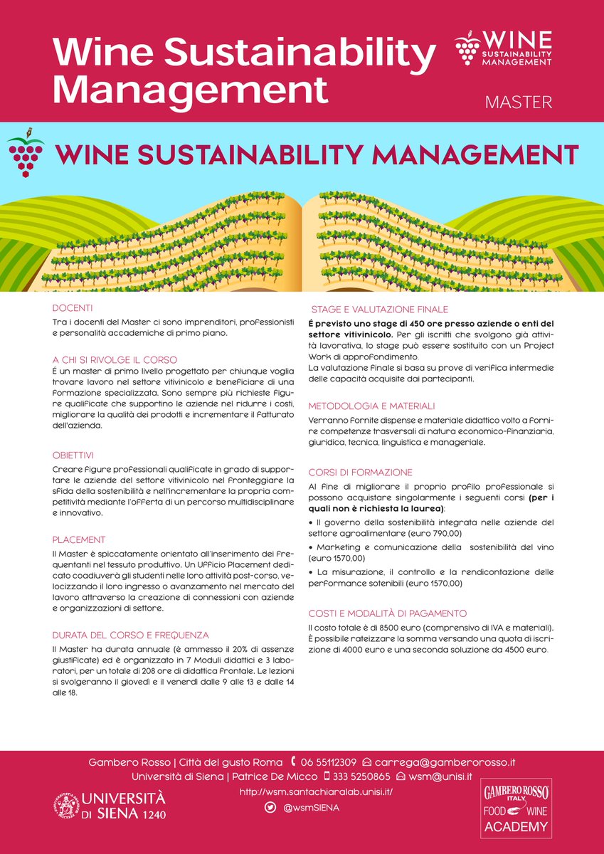 unisiena's tweet photo. #Master executive di I livello in "#WineSustainability Management": aperte le iscrizioni!
Scadenza bando: 30/4
La partecipazione è aperta a tutti coloro che sono interessati a lavorare nel settore vitivinicolo.
https://t.co/VTAKQms02S
#Università #Siena https://t.co/cQLNJs3NaE