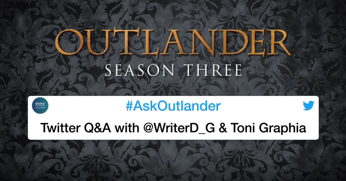 SonyPicsHomeUK's tweet photo. Later today we'll be sharing our #AskOutlander Twitter Q&A video with @Writer_DG & Toni Graphia! Stay tuned #Outlanderfans to see if they answered your question #Outlander https://t.co/acruC3avCh