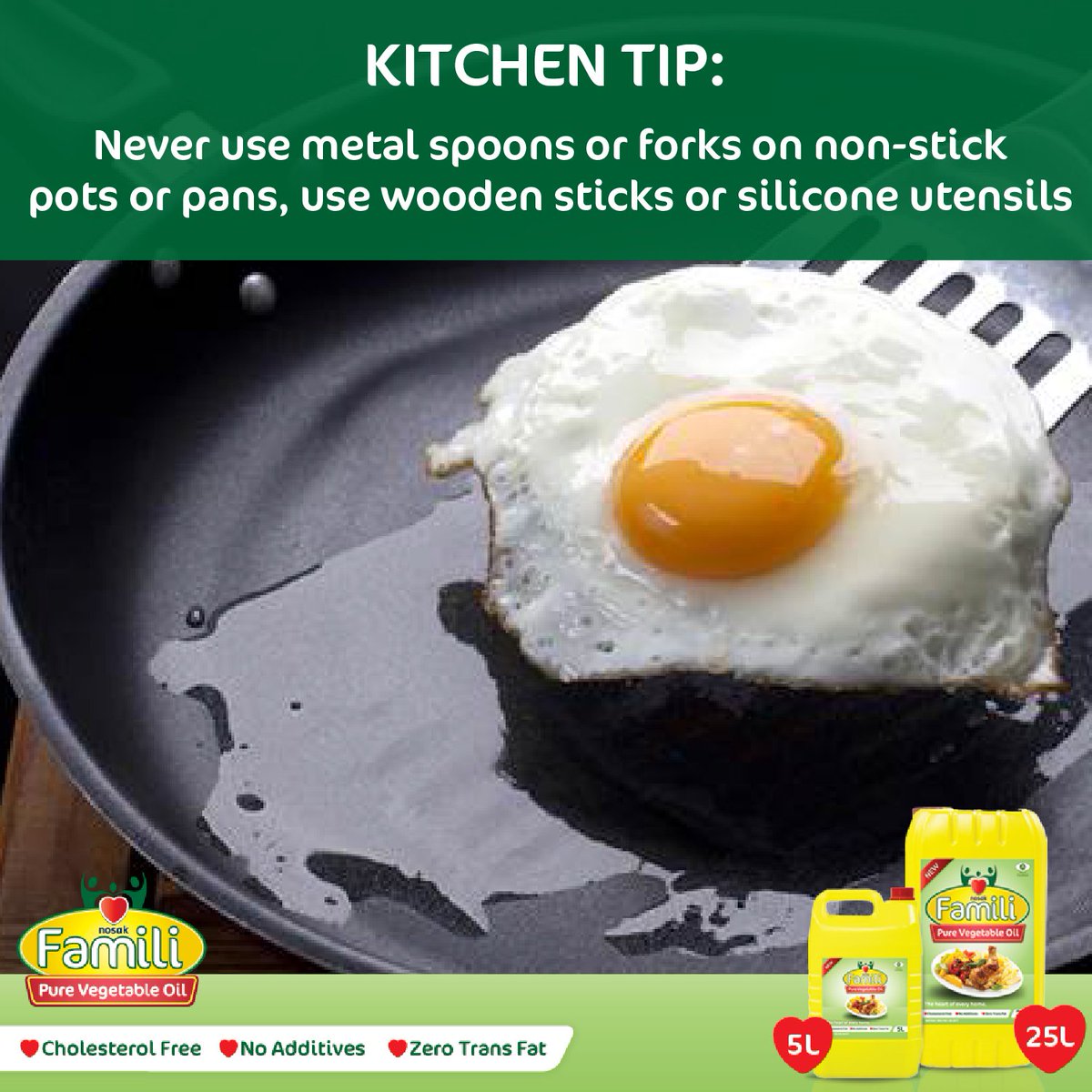 NosakFamili's tweet image. Don't use metal utensils on your non-stick pots and pans. This scratches and damages the coating on the pan/pot that makes it non-sticky in the first place. Use wooden sticks or silicone utensils instead. 
#kichentips #cookingtip