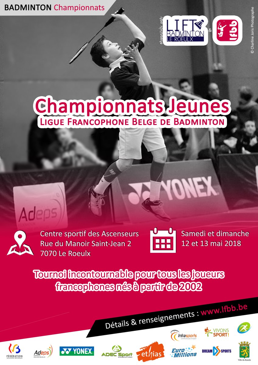 Les Championnats LFBB Jeunes, les 12 et 13 mai prochains à Thieu! Inscriptions en ligne via goo.gl/VqeJZG Renseignements sur goo.gl/CjdTrC <a href="/LFBBad/">LFBB</a> @ADEPS_OFFICIEL <a href="/YonexBenelux/">Yonex Benelux</a> <a href="/EthiasFR/">Ethias FR</a> <a href="/AdecSport/">Adec Sport</a> <a href="/NatLot_Belgie/">Nationale Loterij</a> <a href="/AntenneCentreTV/">Antenne Centre</a>